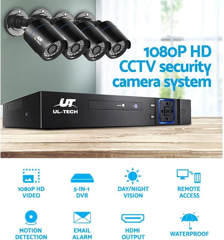 Ul-Tech Security Camera, Set of 4 1080P HD Channel Spy Surveillance Pet Cameras Hidden CCTV Monitor Home Safe Outdoor Indoor System, 5 in 1 DVR Remote with USB Mouse Support Capture Record Black