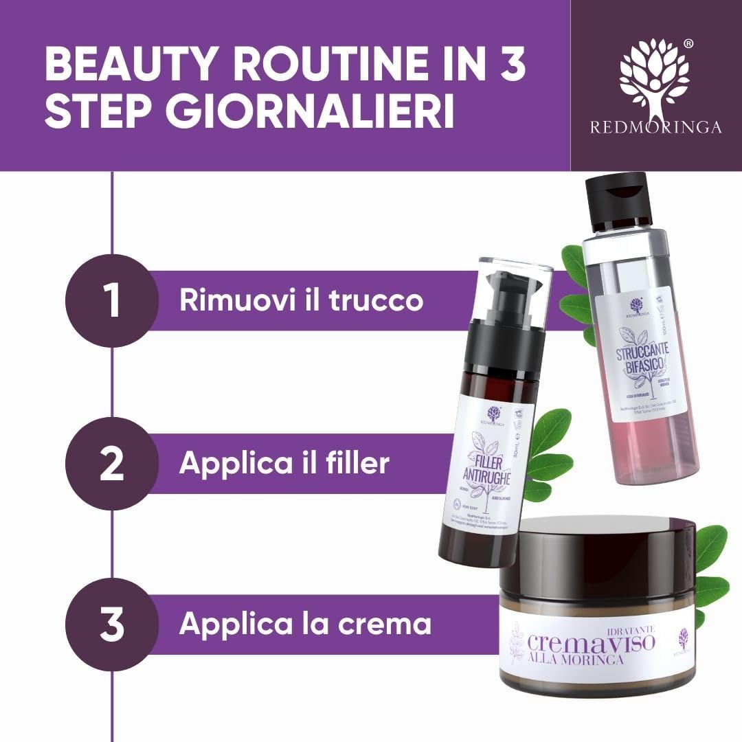 RedMoringa - Hyaluronic Acid Face Filler with 3 Molecular Weights, Anti-Wrinkle 99% Natural - Wrinkles Filler Face Serum with Moringa Extract - Clinically Tested - 30 ml
