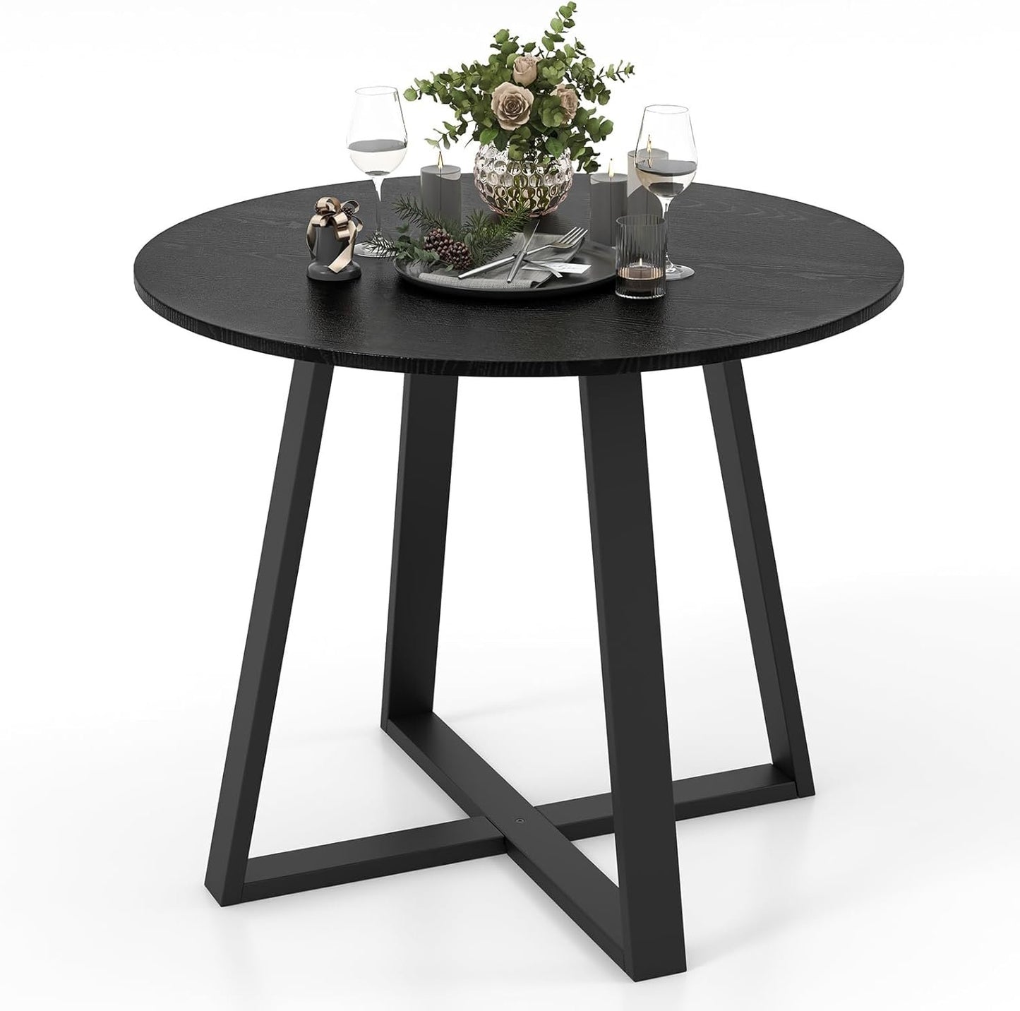COSTWAY Round Dining Table, Kitchen Table for 4 People with Rubber Wood Frame, Pedestal Base, Farmhouse Rustic Dinning Room Table for Living Room Restaurant Breakfast Nook, Black