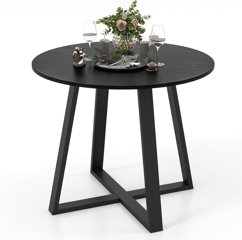 COSTWAY Round Dining Table, Kitchen Table for 4 People with Rubber Wood Frame, Pedestal Base, Farmhouse Rustic Dinning Room Table for Living Room Restaurant Breakfast Nook, Black