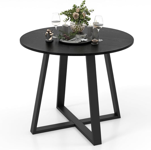 COSTWAY Round Dining Table, Kitchen Table for 4 People with Rubber Wood Frame, Pedestal Base, Farmhouse Rustic Dinning Room Table for Living Room Restaurant Breakfast Nook, Black