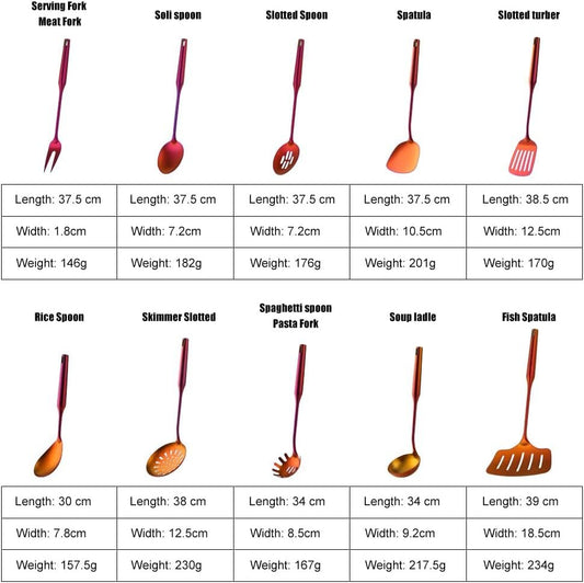 Set di 10 utensili da cucina in acciaio inox con utensili da cucina in titanio arancione rosso e utensili da cucina e gadget, tra cui cucchiai, spatole, spatole e mestolo