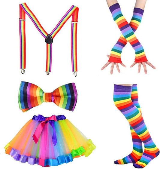 AUTOWT 80s Women Costume Accessories Set, Rainbow Fancy Outfits Long Stretchy Gloves Socks Tulle Tutu Skirt Adjustable Suspender Bow ties for Cosplay Themed Party