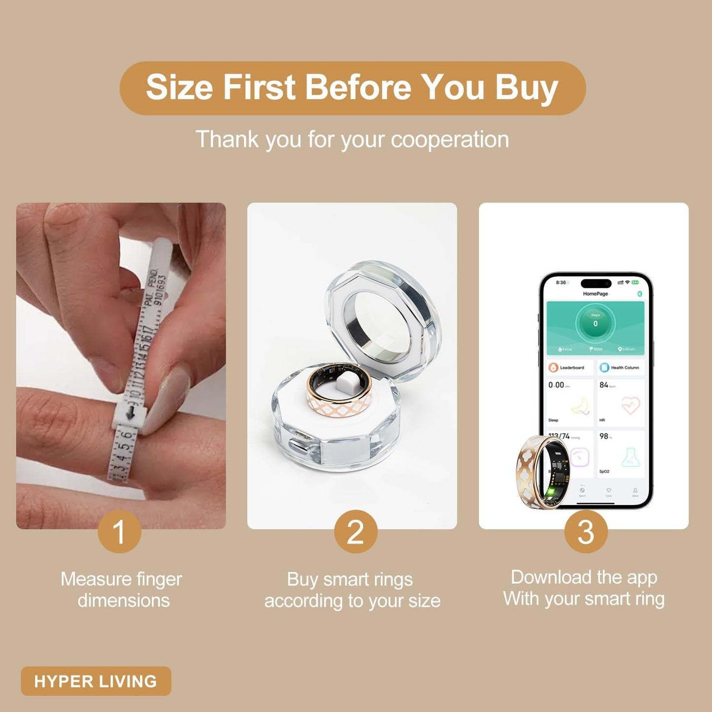 Smart Ring Sports Ring Sleep Tracker Fitness Tracker Ring Charging Box Android/iPhone Compatible Smart Ring IP68 Waterproof (8#)