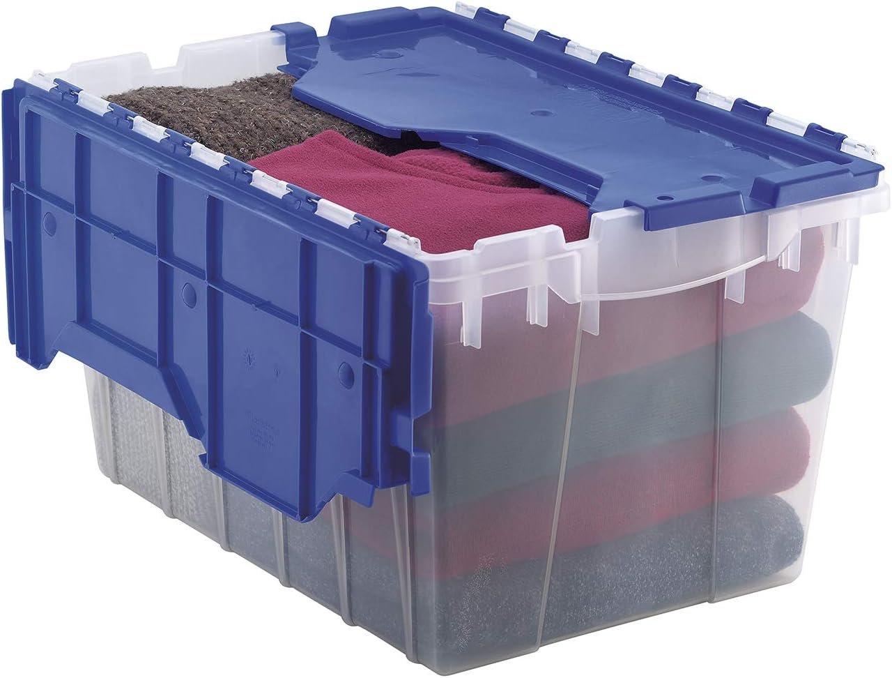 Akro-Mils 66486 12-Gallon Plastic Stackable Storage Keepbox Tote Container with Attached Hinged Lid, 21-1/2-Inch x 15-Inch x 12-1/2-Inch, Clear/Blue