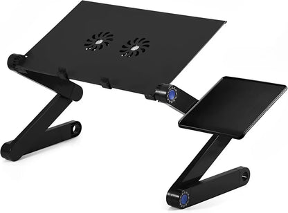 EZONEDEAL Desk Stand Table with Cooling Fan, Foldable Adjustable Aluminum Portable Laptop Stand Work Study Tv Bed Lap Tray Flexible Portable Reading Holder with CPU Fans Side-Mount Mouse Pad (Black)
