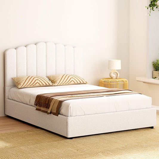 Artiss Bed Frame Double Size Mattress Base Wooden Platform Boucle White FION