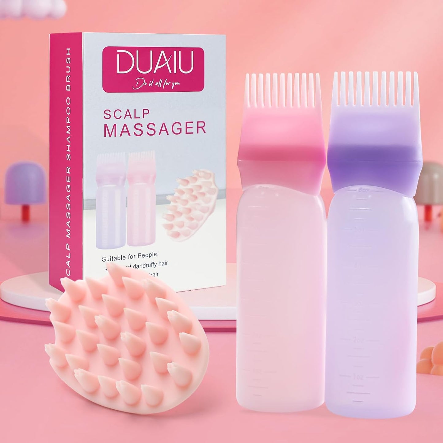DUAIU Scalp Massage Brush with 2Pcs Root Comb Applicator Bottle, Silicone Massager Hair Oil Applicator Bottles Set for Scalp, Shampoo Scrubber Applicator for Hair Dye and Hair Care Tools