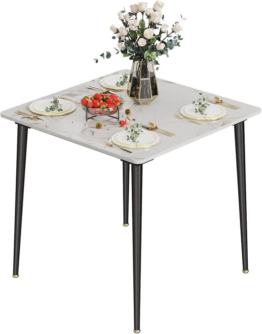 Kitchen Dining Table Square 32 Inch: Modern Sintered Stone Marble Effect Table Top with Tapered Metal Legs 4-Seat Breakfast Table for Dining Room, Restaurant, Living Room Furniture, 32 x 32 x 30 Inch