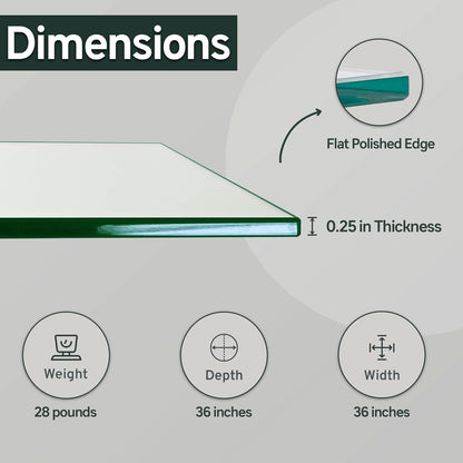STONELITE FURNITURE 36" Square Tempered Glass Table Top - 1/4" Thick - Perfect for Coffee, Dining & Patio Tables - Office & Home Use