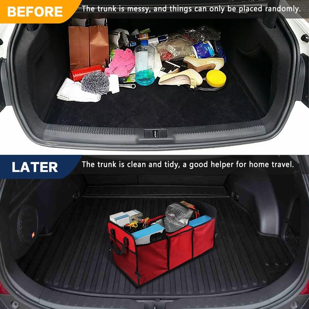 Wedcool Car Trunk Organizer, Auto Storage Bag, Trunk Organizer Storage with Insulation Cooler, Anti-slip Multi Compartments Trunk Storage, Car Interior Accessories Universal for SUV, Truck (Red)
