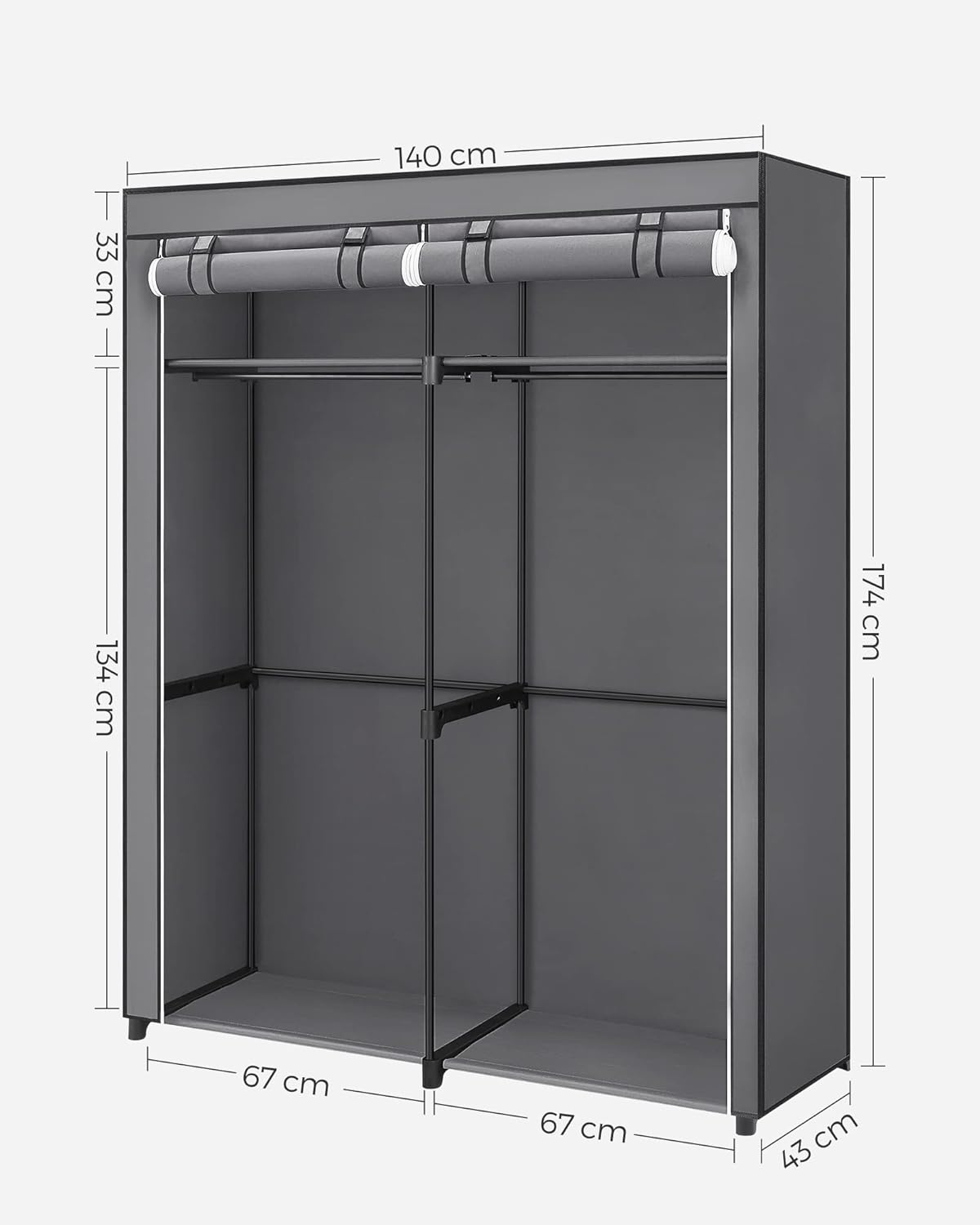 SONGMICS RYG02GY Wardrobe Wardrobe Bedroom Clothes Rack with 2 Bars Clothes Rail Portable Fabric Folding Wardrobe for Wardrobe, 140 x 43 x 174 cm, Grey RYG02GY