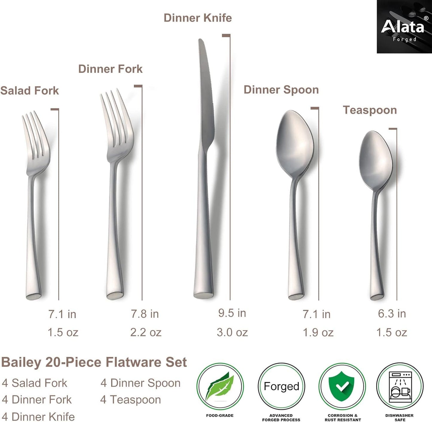 Alata Bailey 20-Piece Forged Silverware Set Stainless Steel Flatware Set,Service for 4,Include Fork Spoon Knife,Matte Polished Cutlery Set,Utensil Sets for Home Restaurant Wedding,Dishwasher Safe