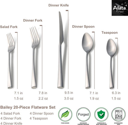 Alata Bailey 20-Piece Forged Silverware Set Stainless Steel Flatware Set,Service for 4,Include Fork Spoon Knife,Matte Polished Cutlery Set,Utensil Sets for Home Restaurant Wedding,Dishwasher Safe