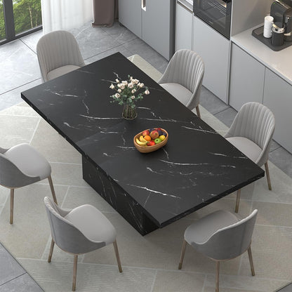 HSH 71” Black Dining Table for 6-8, Rectangle Modern Faux Marble Dinner Table, Large Dining Room Table for Kitchen Living Room, Industrial Wood Kitchen Table with Sturdy Base, Black, 71 Inch