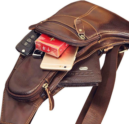Leather Sling Bag Crossbody Backpack for Men Women Outdoor Travel Camping Shoulder Chest Day Pack Vintage Backpacks Daypack
