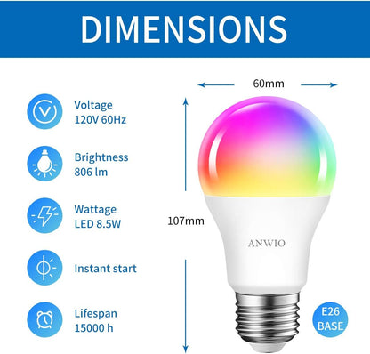 ANWIO Smart Light Bulb 2 Pack, A19 Smart LED, Work with Alexa, Google Light Bulbs, Smart Life Bulbs, Tuya App, Colour Changing Light Bulb, WiFi & Bluetooth No Hub Required，8.5W (60W Replacement)