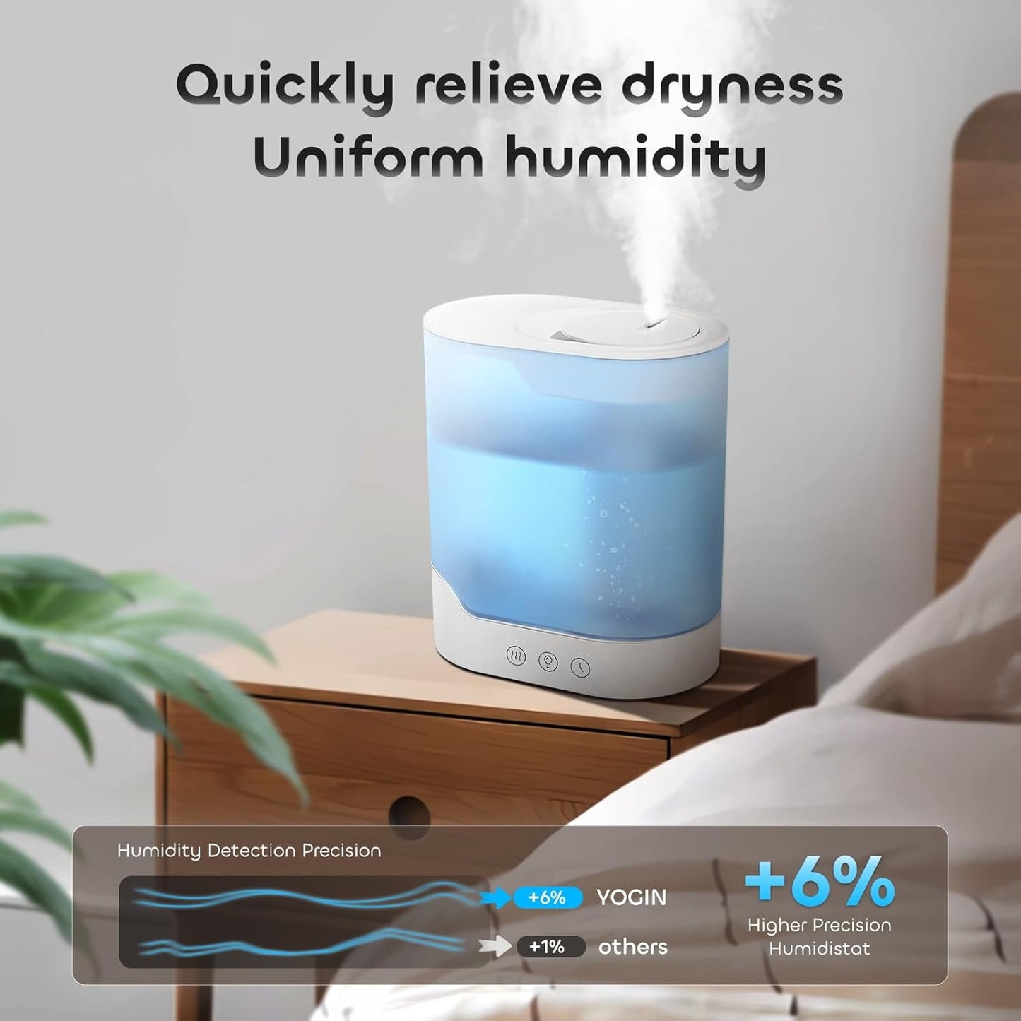 YOGIN Air Humidifier for Bedroom, 3L Top-Fill Cool Mist Humidifier & Essential Oil Diffuser, Ultra-Quiet <24dB, Smart Humidity Control, Up to 40H Runtime