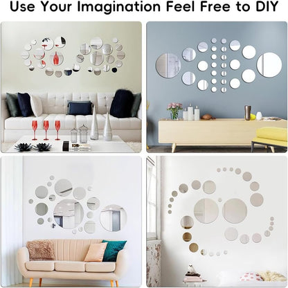 32 Pcs Acrylic Mirror Round Wall Stickers, Removable Wall Decal Mirror Set, Bathroom Wall Sticker Art, Circle Ceiling Mirrors for Bedroom, Home, Living Room, Sofa TV Background Decor (Large)