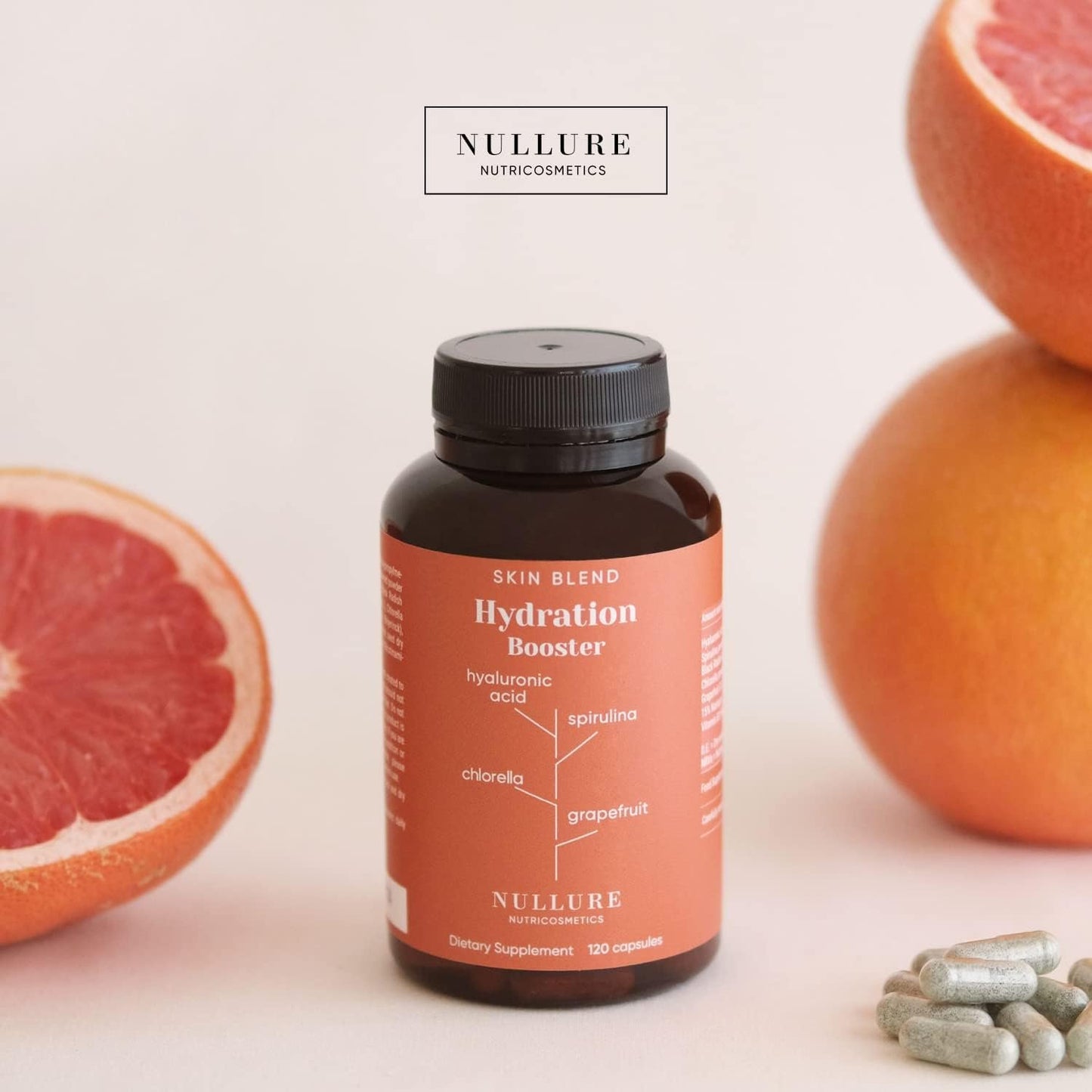 Pure Hyaluronic Acid | Natural Moisturising Supplement Nullure | Hyaluronic Acid + Spirulina + Chlorella + Vitamin B3 + Black Radish + Grapefruit | Anti-Wrinkle Prevention | 120 Capsules (2 Months)