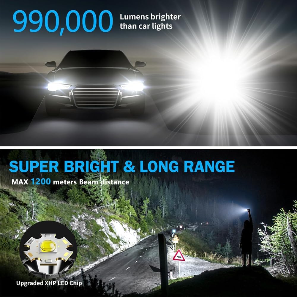 Flashlights High Lumens Rechargeable, 990,000 Lumens Super Bright Flashlight with LCD Digital Display,IPX7 Waterproof,Zoom,Powerful Tactical Flashlight for Emergencies, Camping