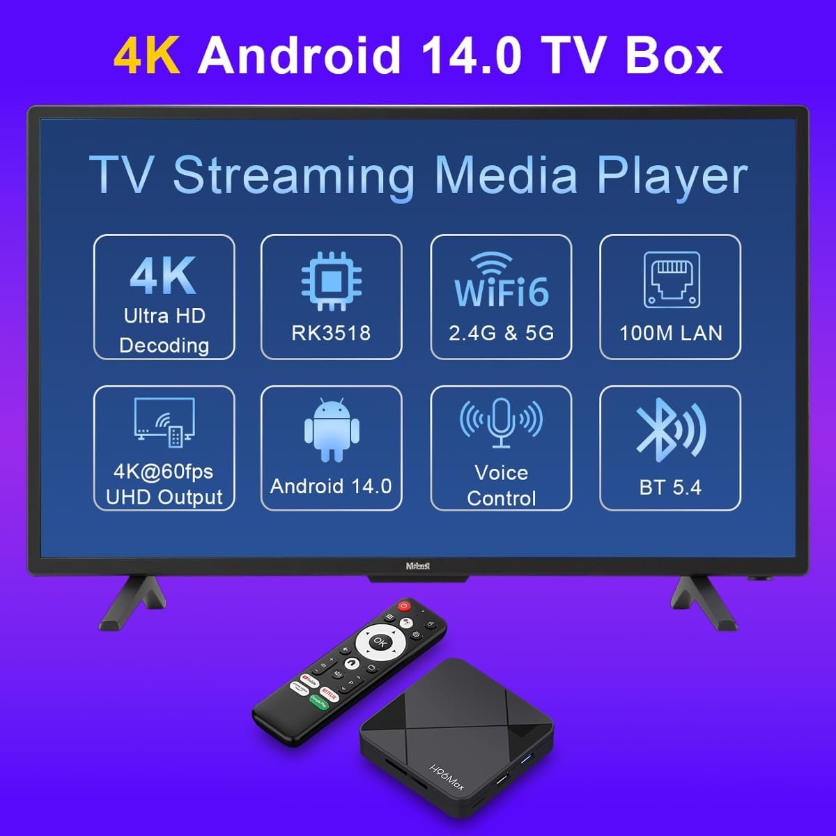 Android 14.0 TV Box, LEFFOT RK3518 4K Ultra HD Smart TV Box, 2GB RAM + 16GB ROM, Support HDR10, Voice Control, 2.4G & 5G WiFi 6, 100M Ethernet, BT 5.4, USB 3.0, RK3518 Quad Core ARM Cortex-A53