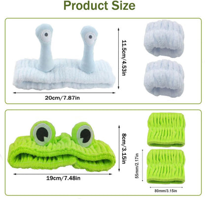 YQkangzhu 2pcs Frog Headband & Snail Skincare Headbands, 4pcs Spa Wristbands, Puffy Makeup Head Bands, Cartoon Face Wash Hair Band, Cute Animal Flannel Elastic Hair Accessories for Face Washing Shower