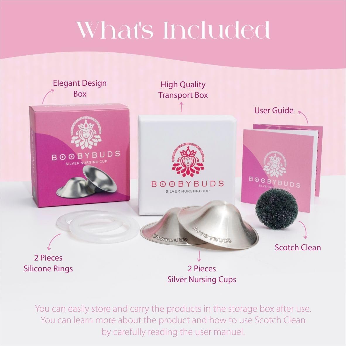 BoobyBuds The Original Silver Nursing Cups 999 Silver - Nipple Shields for Nursing Newborns - 100% Pure 999 Silver - Universal Fit - Soothe and Protect Sore Nipples - Essential for Breastfeeding Mothers (999 Silver XL Silicone Rings)