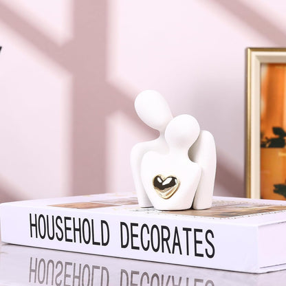 oliruim 8cm Tall Couple Figurines for Home Decoration Modern Sculpture with Gold Heart Design - Home Decoration, Couple Anniversary Gift Wedding (8cm White)