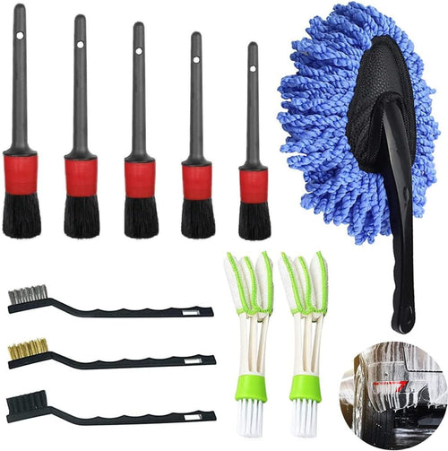 11PCS Car Detailing Brush Set, QNLEMON Auto Cleaning Tools Kit Includes 5 Soft Detail Brushes,3 Wire Brush, 1 Car Dash Duster Brush for Wheels,Dashboard, Engine, Leather, Carpet