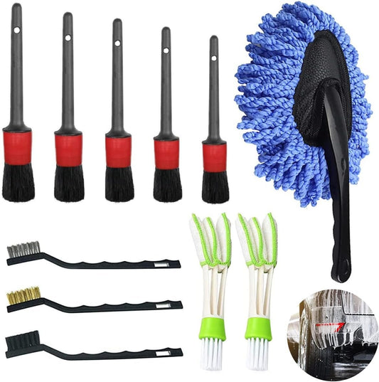 11PCS Car Detailing Brush Set, QNLEMON Auto Cleaning Tools Kit Includes 5 Soft Detail Brushes,3 Wire Brush, 1 Car Dash Duster Brush for Wheels,Dashboard, Engine, Leather, Carpet