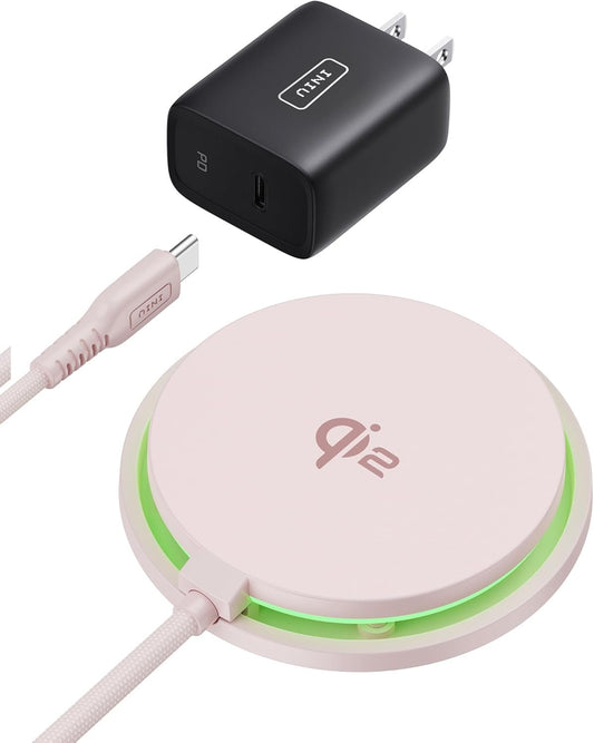 INIU Wireless Charger, 15W Fast Charging LED Mag-Safe Charger, Travel Magnetic Charging Pad Compatible with iPhone 16/15/14/13/12 Series, AirPods 3/2/Pro/Pro 2 (with Adapter), Pink