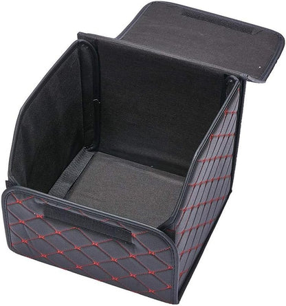 XhuangTech PU Leather Multipurpose Collapsible Car Trunk Storage Organizer with Lid 13inch Portable Auto Tools Cargo Holder Storage Box Tidy Case (Black with red line)