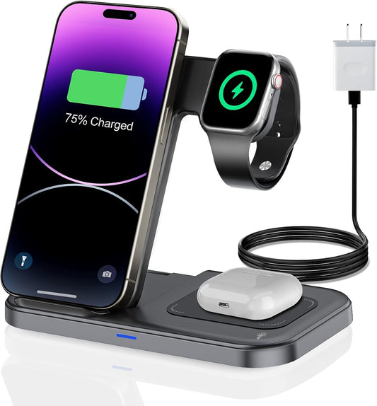Wireless Charger，3 in 1 Charging Station Fast Charger Foldable Charging Stand for Multiple Devices, Compatible with lPhone 16/15/14/13 Pro Max Apple Watch AriPods