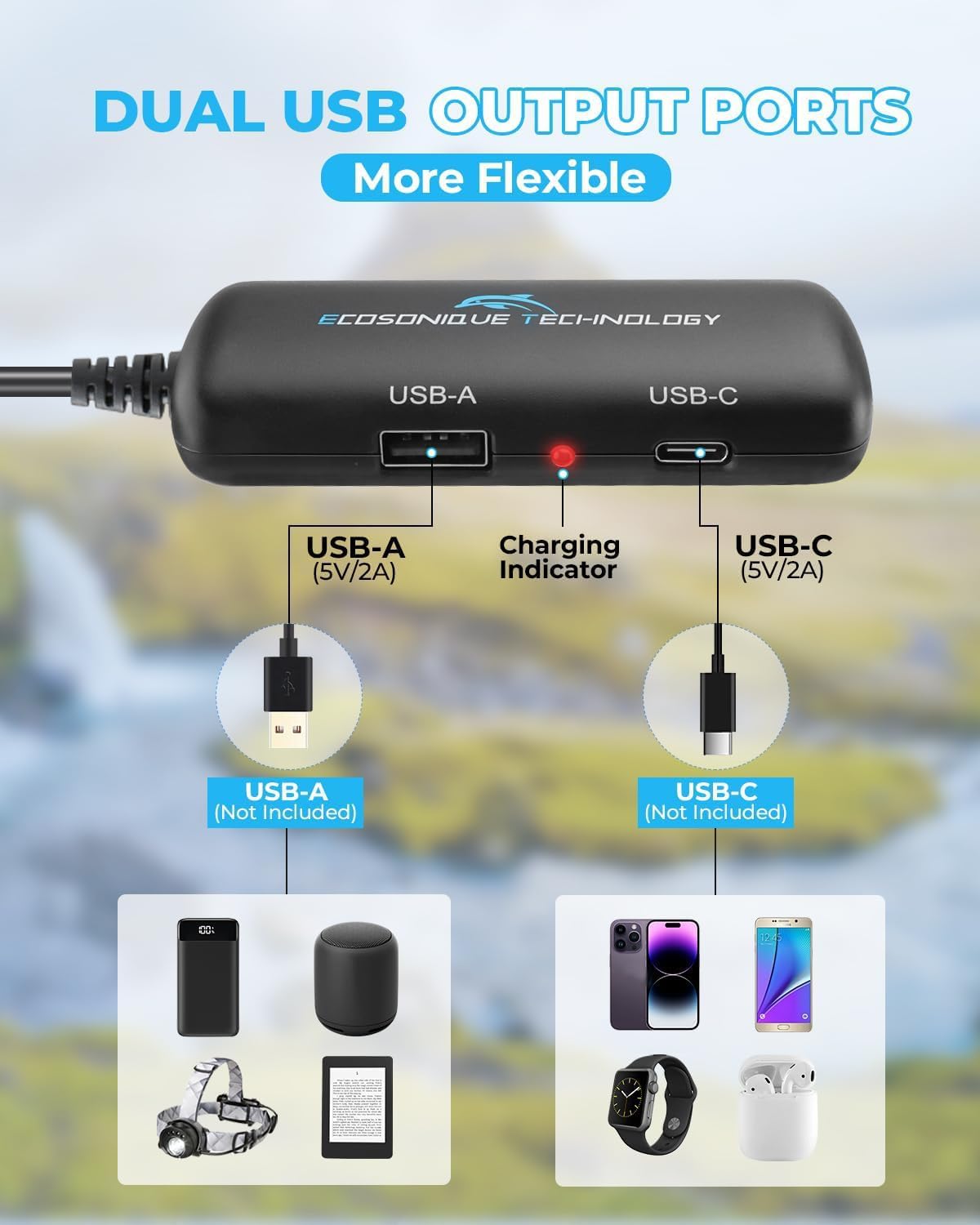 Ecosonique 10W / 20W / 30W Portable Solar Panel Charger, IP67 Waterproof ETFE USB Solar Phone Charger with Detachable Power HUB, 2023 Latest Version Compatible with iPhone, Power Bank, Smartwatch