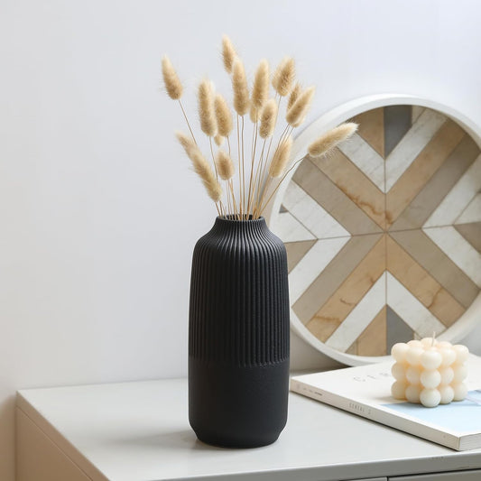 Matte Black Vase Textured Vase Ceramic Minimalist Fluted Vase Decor Modern Ribbed Flower Vases for Home Living Room, Office, Centerpiece and Wedding
