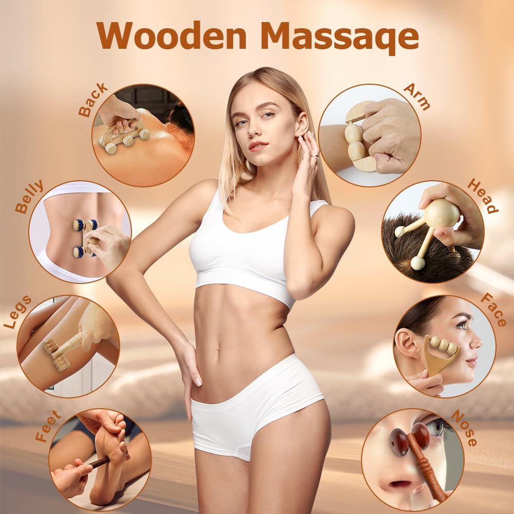 ACWOO 8 in 1 Wood Therapy Massage Tools, Wood Maderotherapy Kit, Anti-Cellulite Massager for Body Modeling, Lymphatic Drainage, Muscle Pain Relief