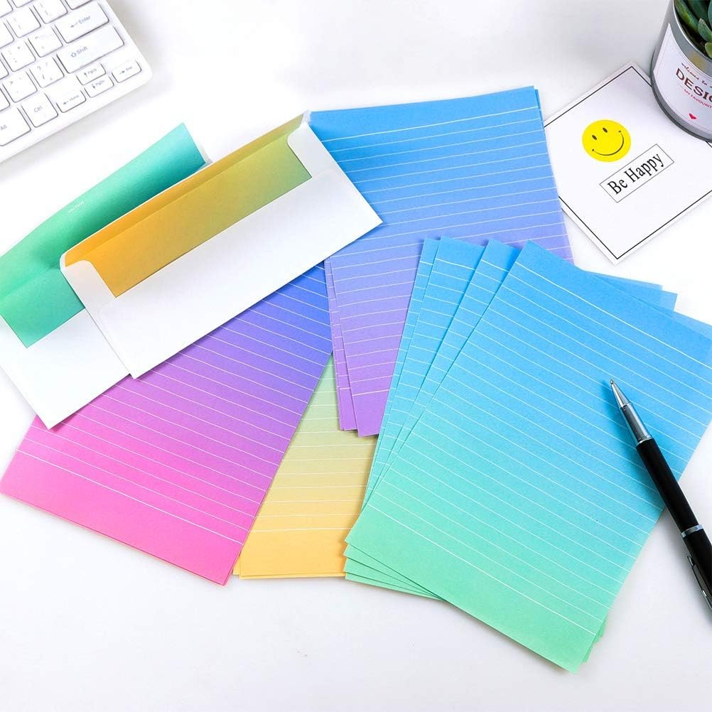 TIMESETL Stationery Letter Paper and Envelopes Set, Stationery Set with Lined Letter Writing Paper, 48 Stationary Paper + 24 Envelopes, Envelope Seal Sticker, 4 Gradient Colors