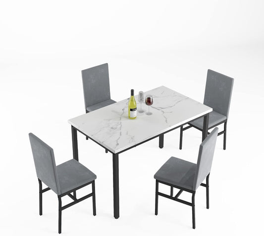 5 Piece DiningTable Set for 4, 47.2 Inch Modern Faux Marble Tabletop Dining Table Set, Kitchen Table Chairs Set with 4 Upholstered Velvet Chairs for Dining Room, Kitchen (Silver)