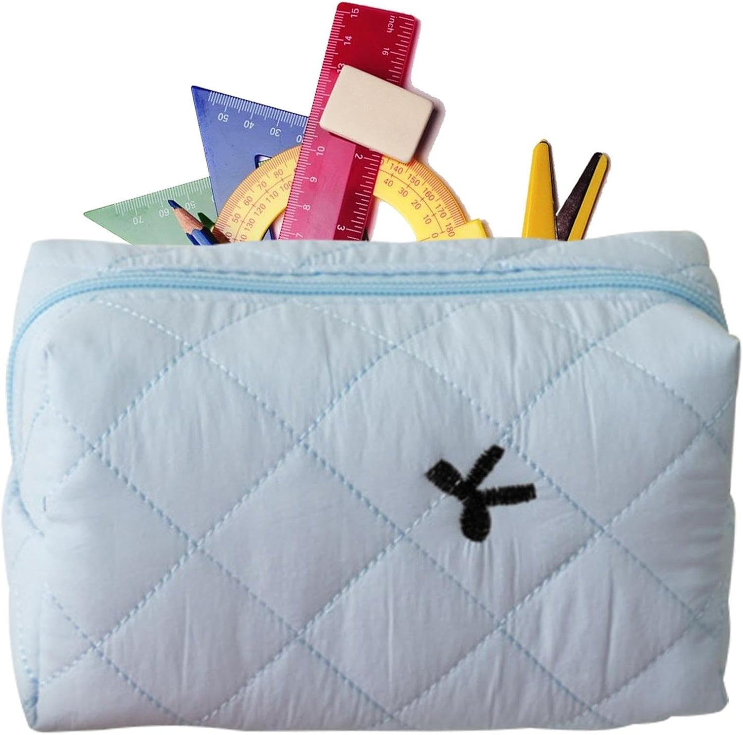 Bow Makeup Bag, Portable Cosmetic Pouch, Aesthetic Travel Organizer, Travel Large Capacity & Stylish, Pencil Purse Accessories For Women, Perfect & Everyday Use, 16 x 9 x 9 cm, Light Blue1, Please