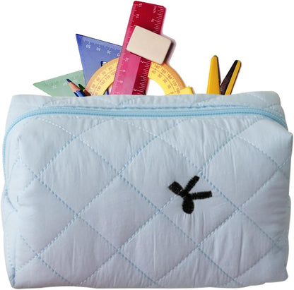 Bow Makeup Bag, Portable Cosmetic Pouch, Aesthetic Travel Organizer, Travel Large Capacity & Stylish, Pencil Purse Accessories For Women, Perfect & Everyday Use, 16 x 9 x 9 cm, Light Blue1, Please