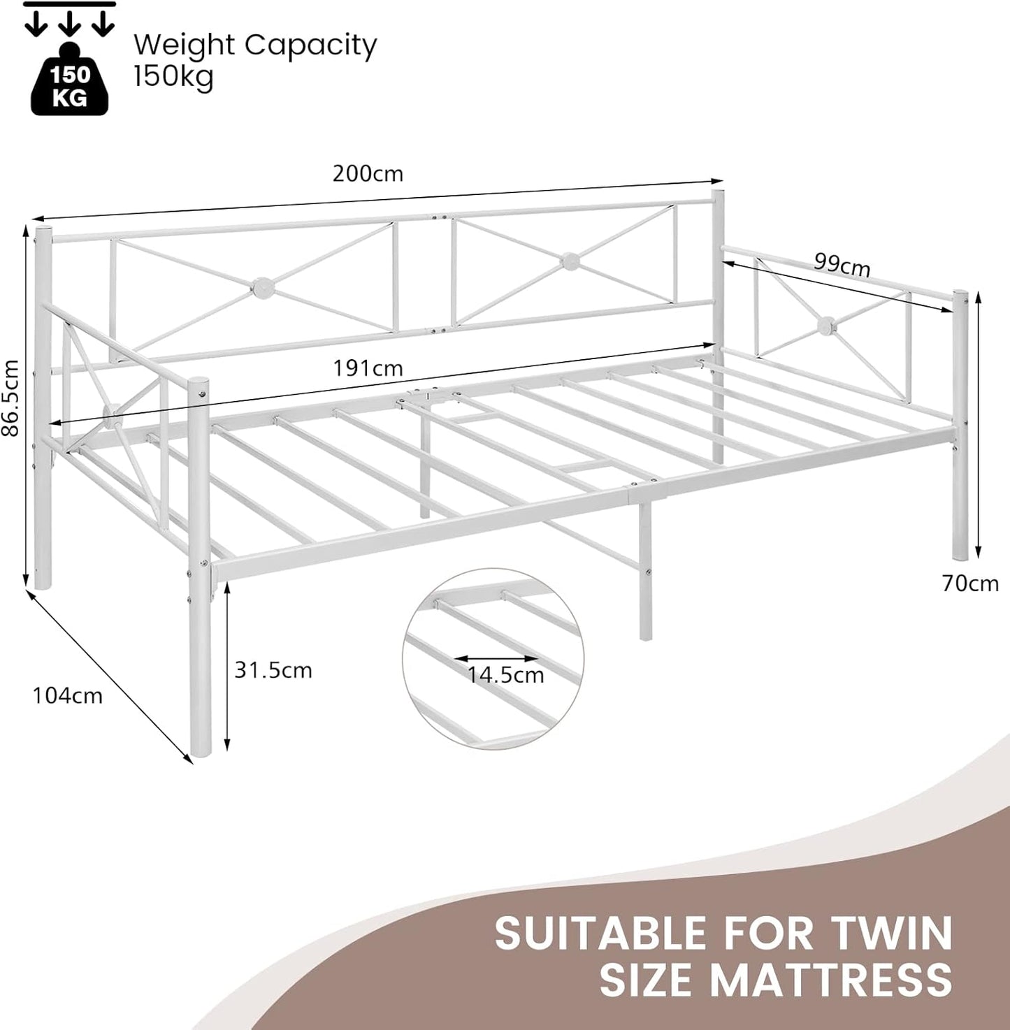 Giantex Metal Daybed Frame Single Size, Modern Single Sofa Bed, Heavy-Duty Steel Slats Support Mattress Foundation, Dual-use Platform Bed Sofa for Living Room, Guest Room, Easy Assembly, White
