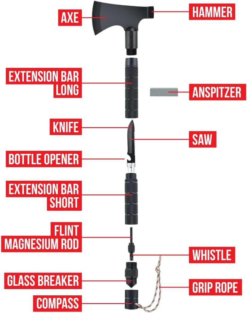 POLE9 Survival Axe 11-in-1 Multitool Axe - Outdoor Axe with 11 Functions of Camping Axe, Flint, Knife, Whetstone, Saw, Hammer and Many More - Optimal Survival Tool