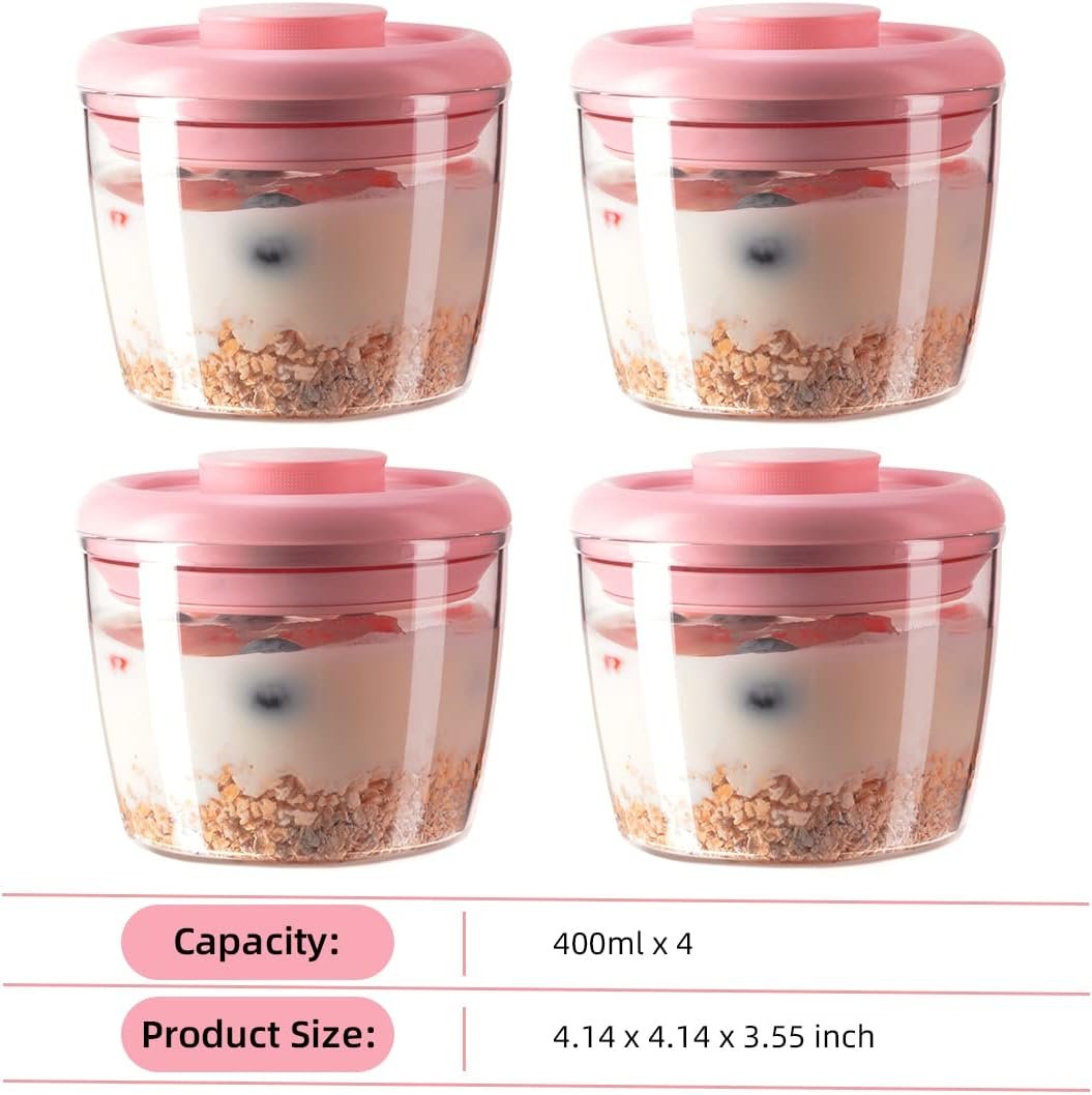 Ankou Meal Prep Container,14oz 400ml Set of 4 Overnight Oats Containers with Lids,Airtight Leakproof Pop Top Lid Bowl for Leftovers,Glass-like Clarity Tritan Material Food Storage 400ml*4 Pink