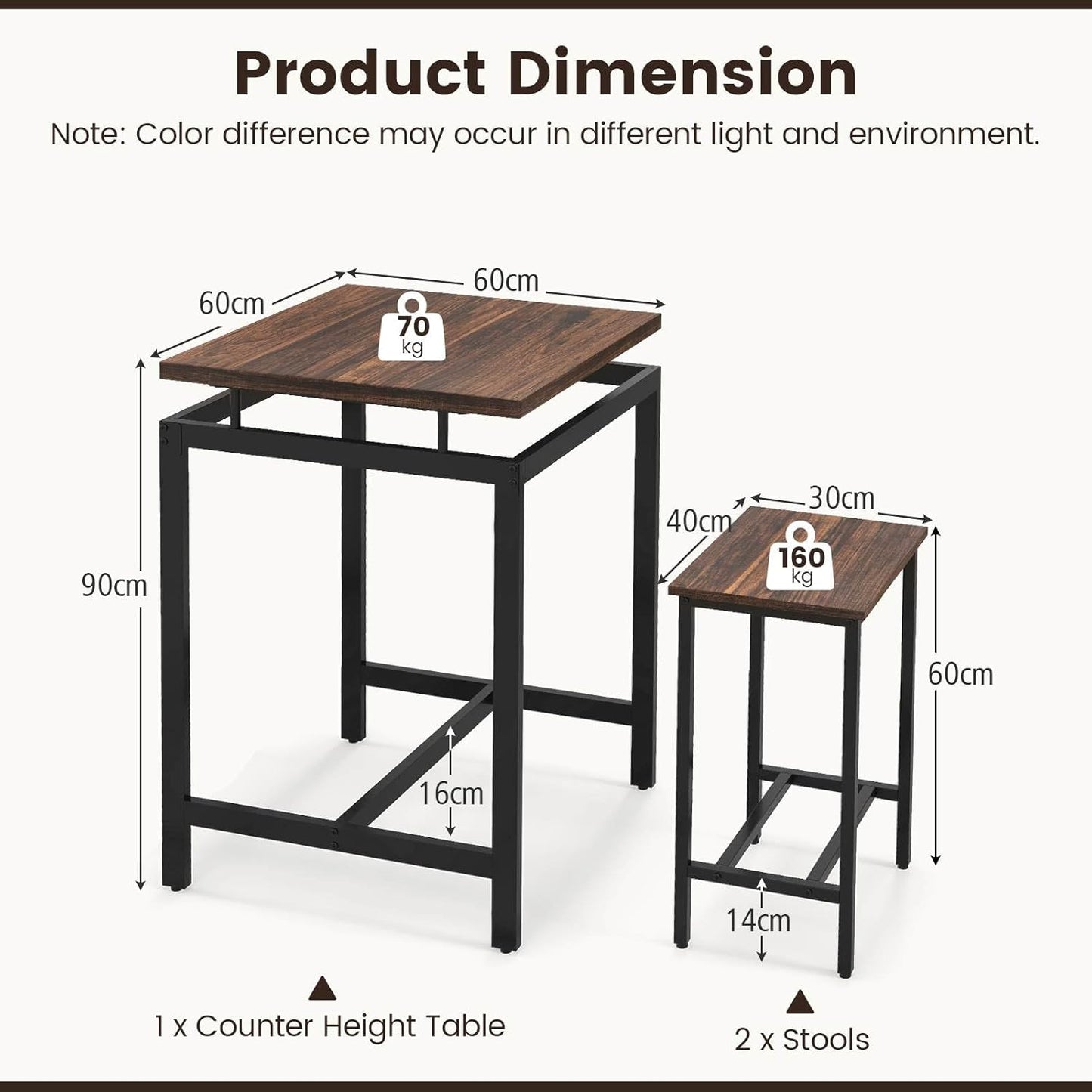 Costway 3 Pieces Bar Table Set, Square Counter Height Table with Stools, Floating Tabletop & Footrest, Industrial Pub Table Set for Small Space, Breakfast Nook, Kitchen, Rustic Brown