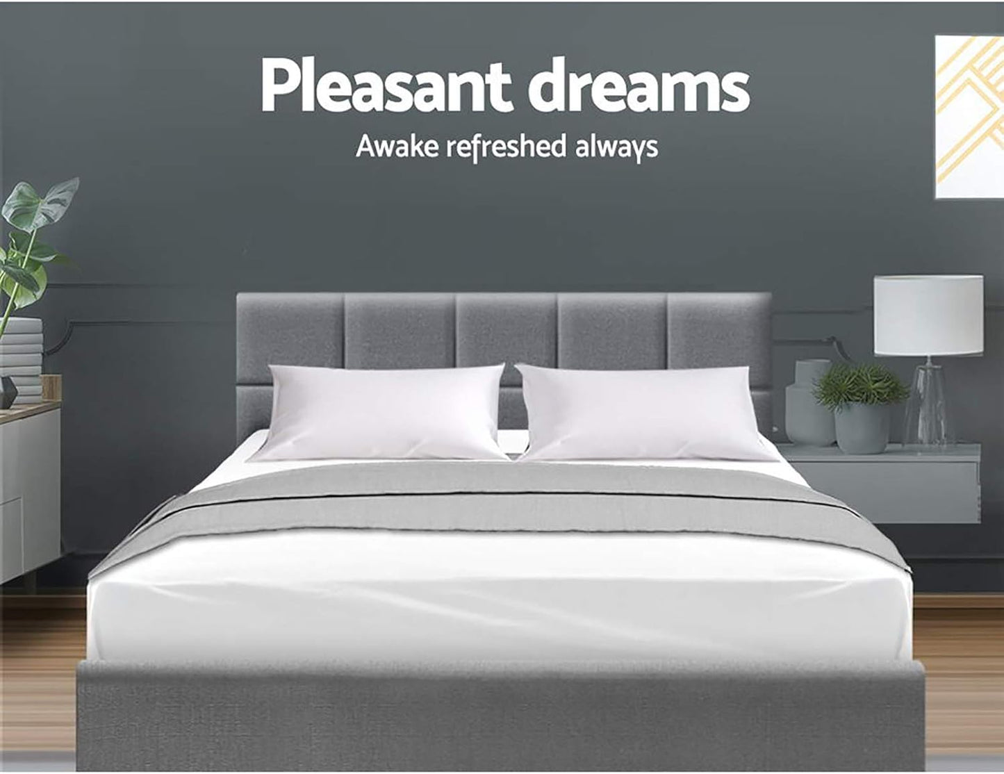 Artiss Queen Bed Frame Platform Checkered Headboard Wooden Beds Base Frames Bedroom Room Decor Home Furniture, Upholstered with Grey Faux Linen Fabric + Foam + Wood, Modern Design