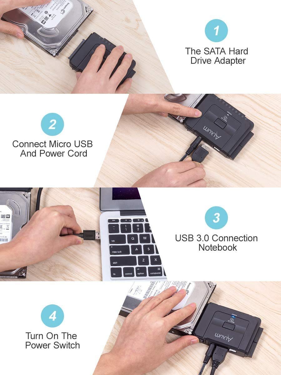 Alxum USB 3.0 to IDE SATA Adapter, Hard Drive Reader for Universal 2.5/3.5 IDE Hard Drive & SATA HDD SSD, Support One Touch Backup and Max 18TB, with 12V 2A Power Adapter & USB A Cable 80cm