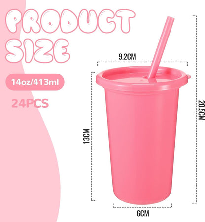 Nuanchu Bulk Tumbler with Lid and Straw 14oz Plastic Cups for Adult Reusable Coffee Drinking Cup Set Water Travel Bottle Mug with Sheets Letter Stickers for Party(Macaron Colors,24 Pcs)