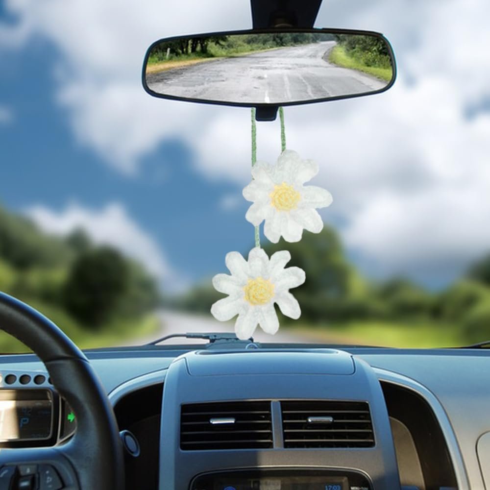 2 PCS Cute Daisy Crochet Car Decor, AFUNTA Flower Rear View Mirror Accessories Cute Car Hanging Accessories Car Pendant car Accessories Interior