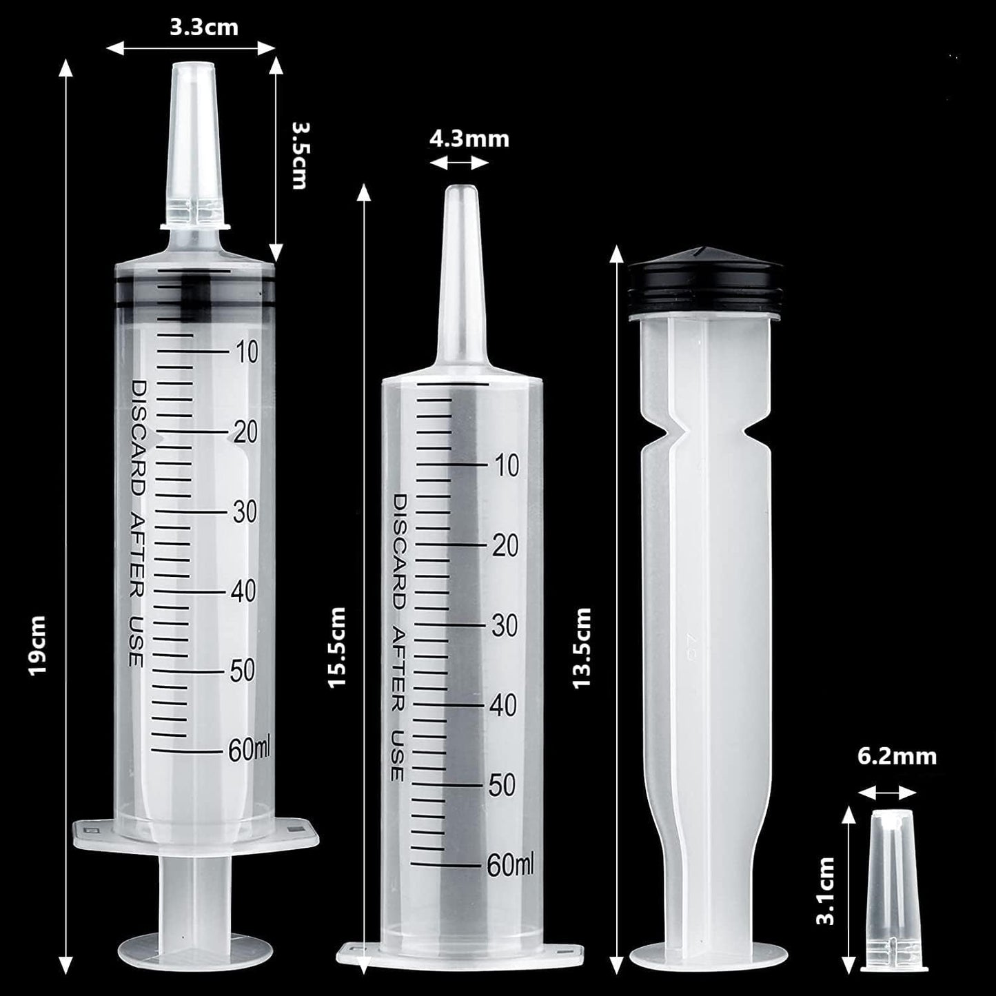 3pcs 60ml Syringe, Large Plastic Syringes with caps no needle for Scientific Labs, Measuring Liquids, Feeding Pets,Watering, Refilling,Oil or Glue Applicator